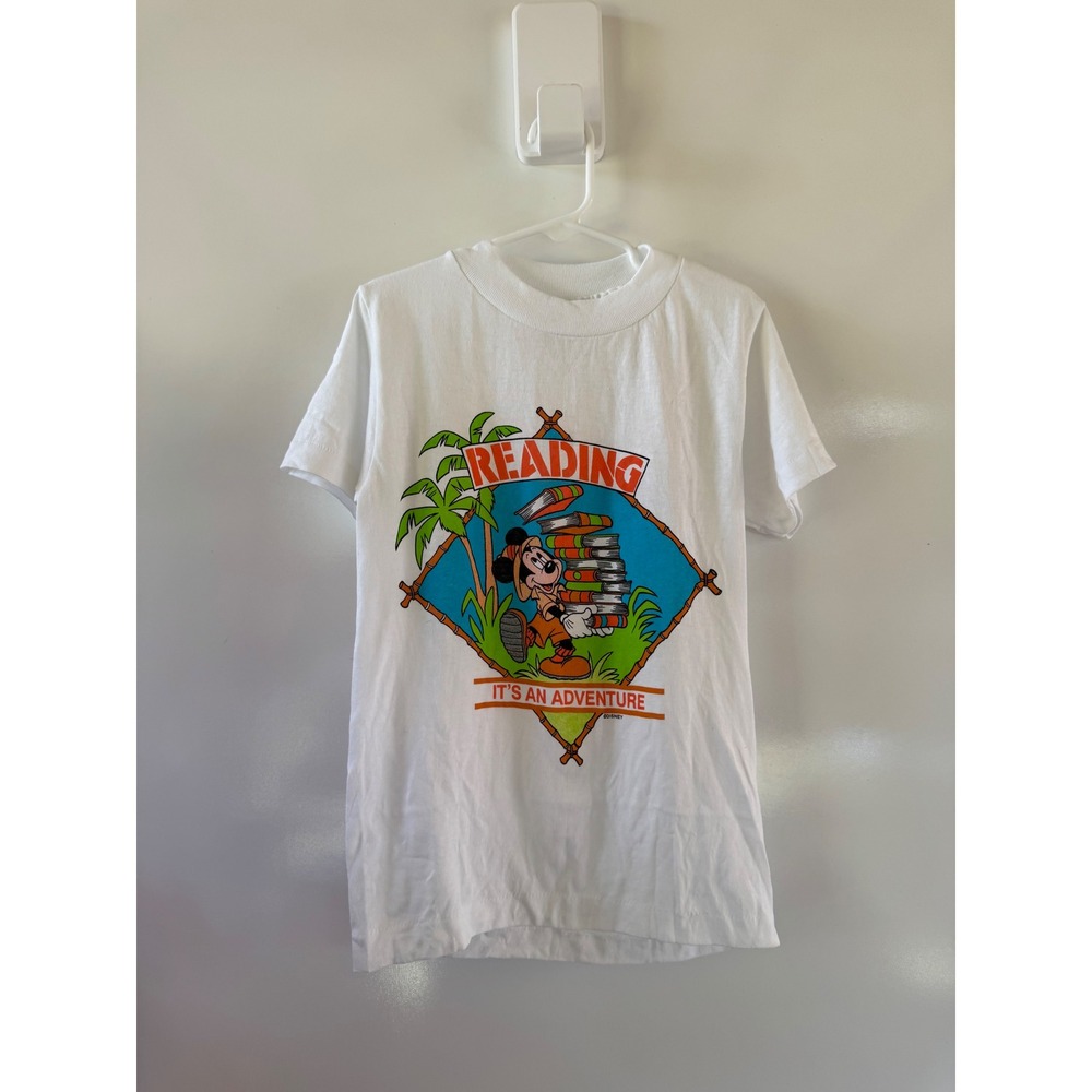 Vintage Mickey Mouse Reading Its An Adventure T-Shirt Kids Youth Small USA Made